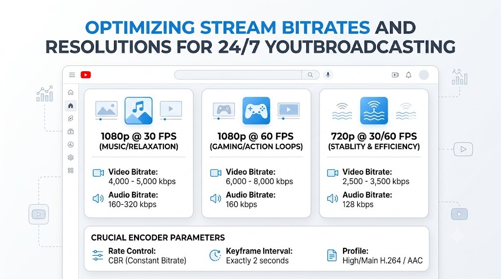 Optimizing Stream Bitrates and Resolutions for 24/7 YouTube Broadcasting