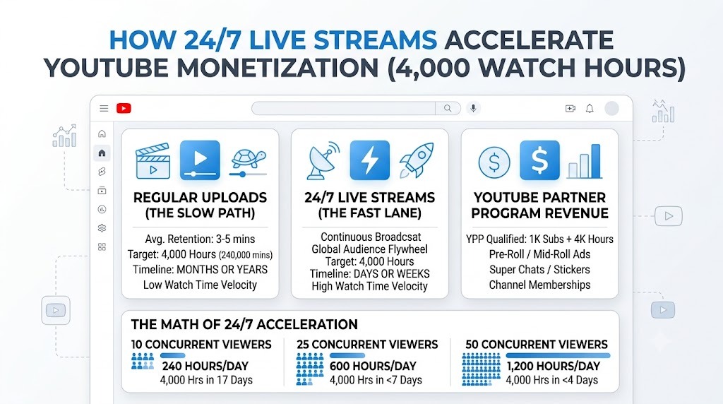 How 24/7 Live Streams Accelerate YouTube Monetization (4,000 Watch Hours)